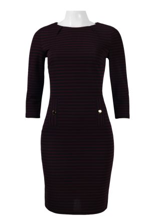 Nina Leonard Crew Neck 3/4 Sleeve Zipper Back Stripe Print Ottoman Jersey Dress