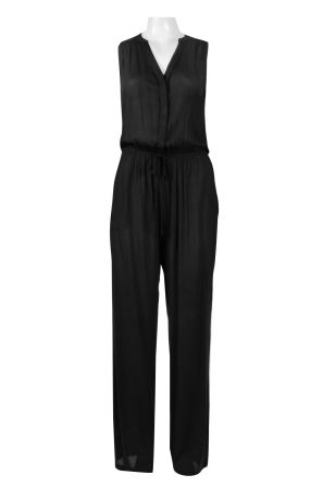 Nina Leonard V-Neck Sleeveless Blouson Tie Waist Ruched Solid Rayon Jumpsuit