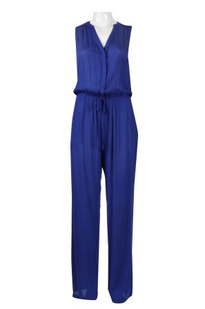 Nina Leonard V-Neck Sleeveless Blouson Tie Waist Ruched Solid Rayon Jumpsuit