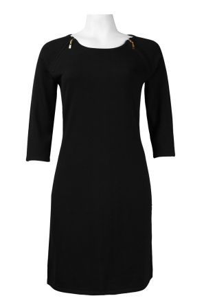 Nina Leonard Shoulder Zip Detail Elbow Sleeve Cotton Knit Sweater Dress