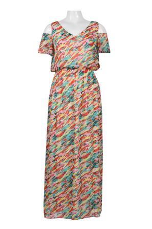 Nine West V-Neck Cutout Shoulder Blouson Elastic Waist Multi Print Chiffon Dress