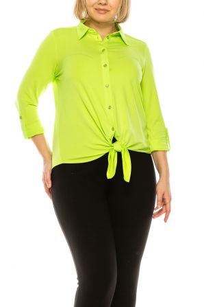 Nygard Vivid Lime Collared 3/4 Sleeve Button Down Front Tie Top