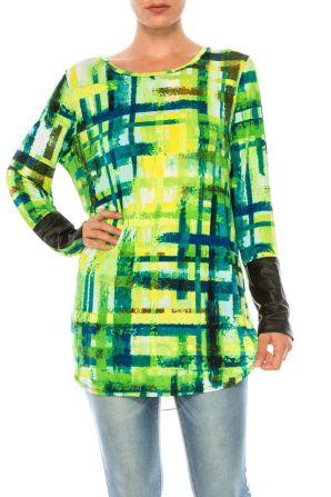 Nygard Lime Grid Print Long Sleeve Top with Pleather Constrast