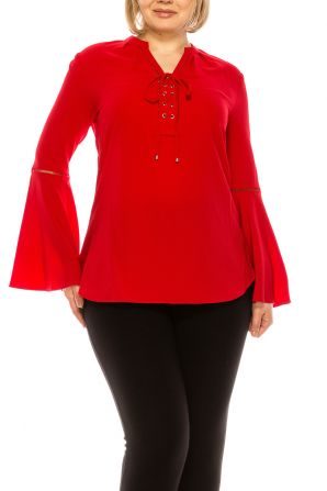 Nygard Red Lace Front Tie Bell Sleeve Blouse