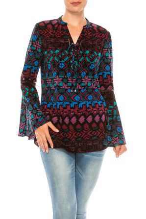 Nygard Merlot Tribal Print Bell Sleeve Top with Tie Front