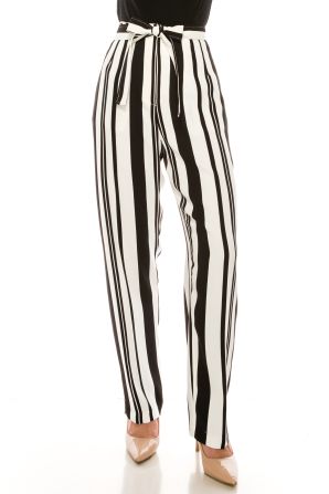 Nygard Black White Stripe Belted High Waist Trousers