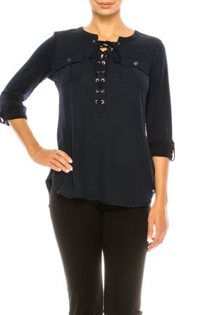 Nygard Lace Up Chest Pocket Blouse
