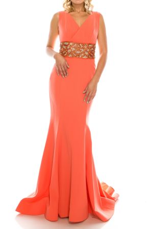 Odrella Decorated Mesh Waist Crepe Trumpet Gown