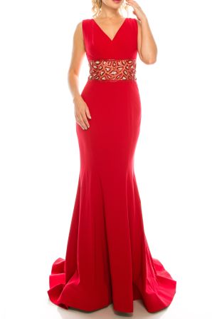 Odrella Red Crepe Trumpet Gown with Decorated Mesh Waist