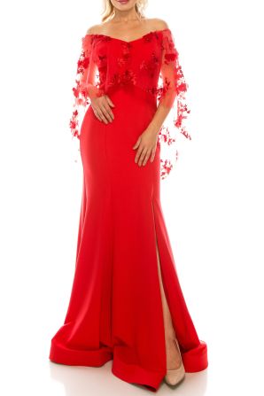 Odrella Trumpet Evening Gown with Embroidered Mesh Cape