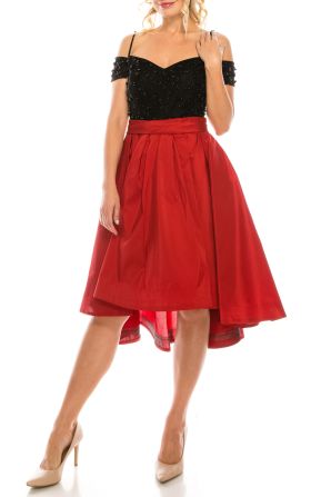 Odrella Red Cold Shoulder Circle Skirt Party Dress
