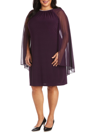 RM Richards Shift Evening Dress with Tulle Cape and Rhinestone Neckline (PLUS SIZE)