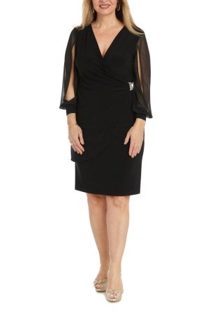 RM Richards Long Sheer Split-Sleeve Cocktail Dress