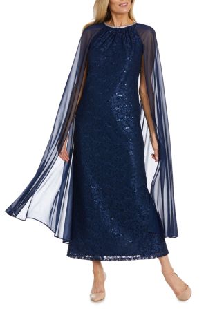 RM Richards Sequin Lace Attached Cape Evening Gown