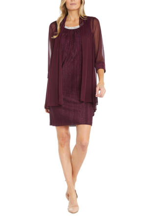 RM Richards Rhinestone Neck Metallic Jacket Dress