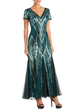 RM Richards Short Sleeve Sequined Evening Gown