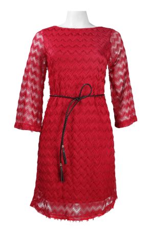 Sharagano Bell Sleeve Zigzag Pattern String Belt Lace Overlay Dress