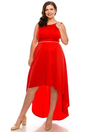 Shelby Nites Vibrant Red Neoprene High Low Dress with Rhinestoned Waist