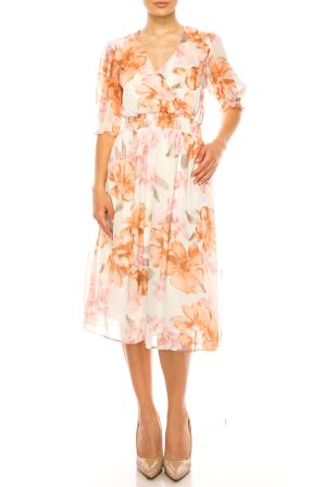 Shelby & Palmer Floral Print 3/4 Sleeve Midi Dress