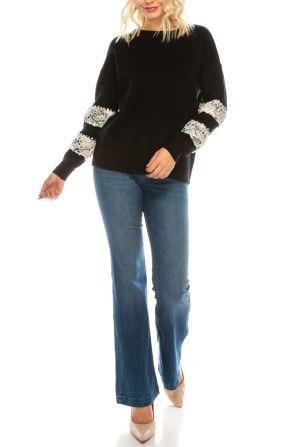 Sioni Black Sweater with Faux Fur, Reptile Print, and Rhinestone Studs