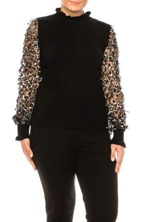 Sioni Leopard Lace Sleeve Mock Neck Sweater Top