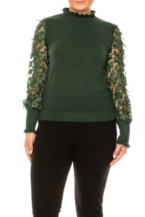 Sioni Mock Neck Mesh Applique Sleeve Detail Sweater Top