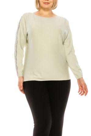 SIONI Boat Neck Straight Hem Knit Long Sleeve Top with Trim Detail