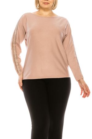 SIONI Boat Neck Straight Hem Knit Long Sleeve Top with Trim Detail