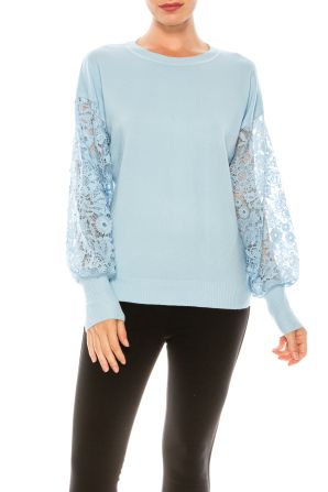 Sioni Crew Neck Lace Puff Sleeve Knit Top