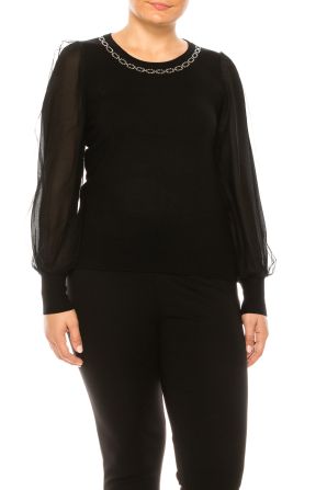 Sioni Jeweled Neck Line Puff Tulle Sleeve Sweater Top