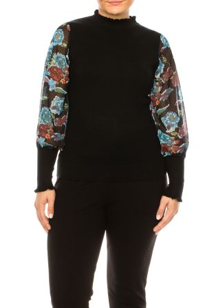 Sioni Mock Neck Floral Sleeve Sweater Top