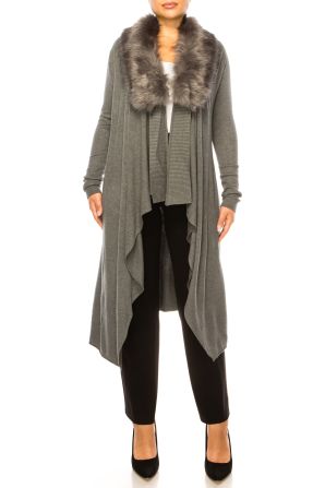 Sioni Faux-Fur Collar Long-Sleeve Cardigan Sweater