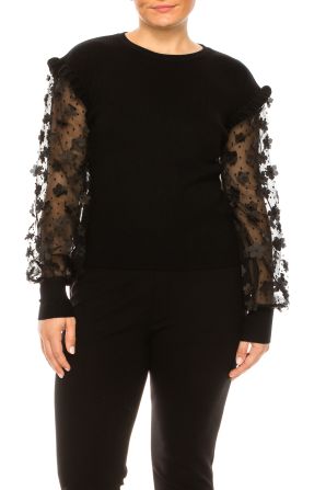 Sioni Crew Neck Applique Sleeve Detail Sweater Top