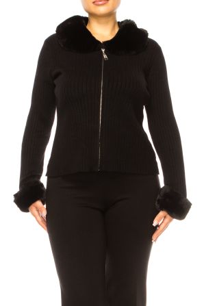 Sioni Faux-Fur Trim Ribbed Zippered Sweater