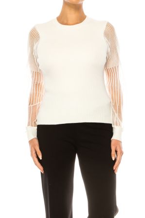 Sioni Ribbed Sheer Embellished Cord Sleeve Sweater