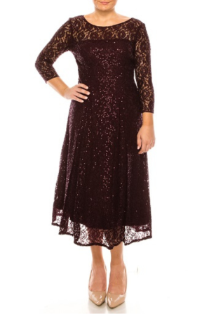 SLNY  Sequined Lace A-Line Evening Dress
