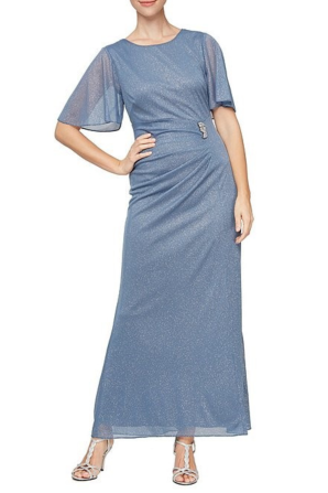 SLNY Short-Sleeve Metallic Long Evening Dress