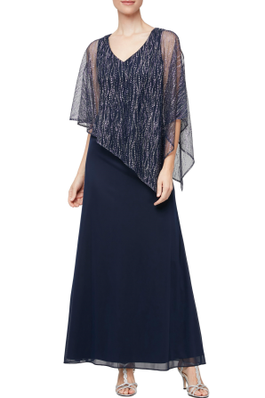 SLNY Embellished Asymmetrical Capelet Long Evening Gown
