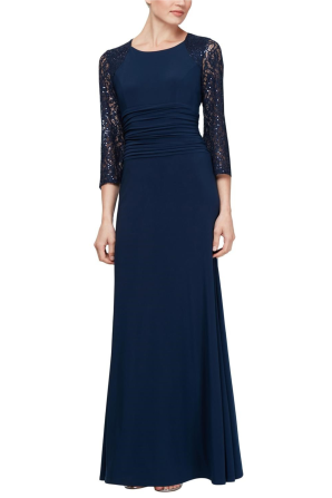 SLNY 3/4 Lace Sleeve Long Evening Dress
