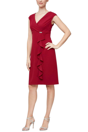 SLNY V-Neck Ruffle Cap Sleeve Short Sheath Evening Dress