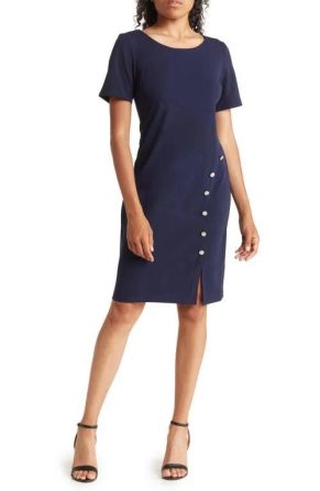 SLNY Rhinstone Button Short Sleeve Sheath Dress (PLUS SIZE)