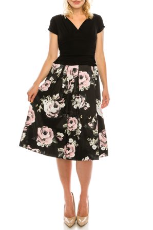 SLNY Black Multi Jersey & Crepe Back Satin Floral Printed Dress