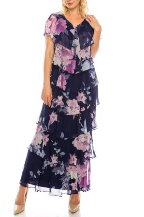 SLNY Navy Multi Floral Printed Gold Pinstriped Tiered Long Dress