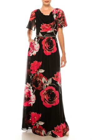 SLNY Black Floral Print Cowl Neck Long A-Line Dress with Short Flutter Sleeves