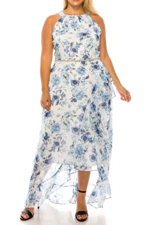 SLNY Ivory Blue Floral Print Sleeveless Halter Hi-Lo Dress