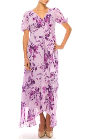 SLNY Floral Print Drape Ruffle Maxi Dress