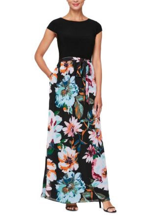 SLNY Contrast Floral Print Maxi Evening Dress