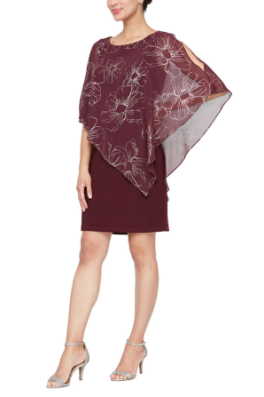 SLNY Floral Metallic Capelet Short Evening Dress