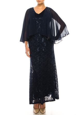 SLNY Chiffon Cape Sleeve Long Lace Evening Dress (PETITE)