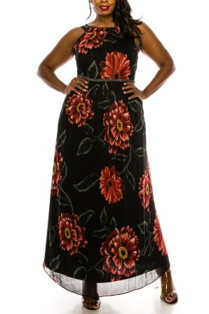 SLNY Black Multi Floral Print Plus Size Halter Maxi Dress